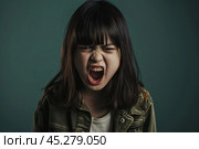 Portrait of angry emotional Asian girl screaming and frustrated shouting with anger, crazy and yelling on white background, Concept of attention deficit hyperactivity disorder (ADHD) Стоковое AI-изображение, AI-художник Sergey Grishin / Фотобанк Лори