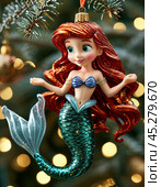 Cute Little Mermaid on the Christmas tree, bright Christmas tree toy. New Year's decor. Festive New Year's atmosphere. Стоковое AI-изображение, AI-художник Сергей Елизарьев / Фотобанк Лори