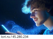 Молодой человек с мобильным телефоном. Стоковое AI-изображение, AI-художник Щеголева Ольга / Фотобанк Лори