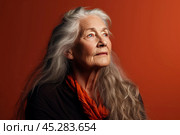 Unamused sad miserable mature long grey haired caucasian woman wearing red blouse, frowns face with dissatisfaction, sulks troubled as someone hurt her feelings. Indoor studio shot isolated on red. Стоковое AI-изображение, AI-художник Sergey Grishin / Фотобанк Лори
