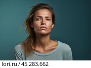 Fashion portrait of beautiful caucasian young woman isolated on colorful studio background. Complicated girl looks puzzled, frowning, sulking while thinking, makes decision, feel suspicious disbelief. Стоковое AI-изображение, AI-художник Sergey Grishin / Фотобанк Лори