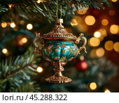 Pot-bellied Tula samovar, bright Christmas tree toy. New Year's decor. Festive New Year's atmosphere. Стоковое AI-изображение, AI-художник Сергей Елизарьев / Фотобанк Лори