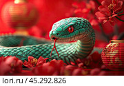 The head of a green snake, sparkling against the background of festive red lanterns, creates a mysterious atmosphere. Стоковое AI-изображение, AI-художник Ярославский Максим / Фотобанк Лори