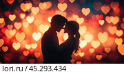 Two silhouettes, a girl and a guy, hugging each other, stand against the background of a dark, velvet-like sky. It is covered with scattered lights in the form of hearts. Generated by AI. Стоковое AI-изображение, AI-художник Ярославский Максим / Фотобанк Лори