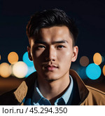 A young man with a confident expression poses against a backdrop of colorful lights at night in urban setting. A resident of Kazakhstan, a cute man of 25 years old. Student or applicant. AI generated. Стоковое AI-изображение, AI-художник Юлия Петровская / Фотобанк Лори