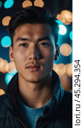 A young man with a confident expression poses against a backdrop of colorful lights at night in urban setting. A resident of Kazakhstan, a cute man of 25 years old. Student or applicant. AI generated. Стоковое AI-изображение, AI-художник Юлия Петровская / Фотобанк Лори
