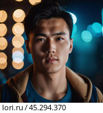 A young man with a confident expression poses against a backdrop of colorful lights at night in urban setting. A resident of Kazakhstan, a cute man of 25 years old. Student or applicant. AI generated. Стоковое AI-изображение, AI-художник Юлия Петровская / Фотобанк Лори