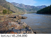 Rocky bank of the Katun River in Altai. On background Altai village Elanda. Стоковое фото, фотограф Сергей Пристяжнюк (Serg Zastavkin) / Фотобанк Лори