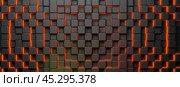 Dynamic 3D background featuring array of cubes in varying shades of grey, vibrant orange lights. showcasing products, virtual environments, or enhancing digital designs. 3d rendering. Стоковое фото, фотограф Павел Муравьев / Фотобанк Лори