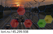 A busy highway with cars and a sunset in the background. Стоковое фото, фотограф Скрипачев Антон / Фотобанк Лори