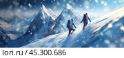 Two climbers in blue jackets ascend a snowy mountain slope, surrounded by high peaks under a vibrant icy blue sky. Стоковое AI-изображение, AI-художник Ольга Сухарева / Фотобанк Лори