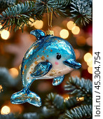 A cheerful dolphin hangs on a Christmas tree, a bright Christmas tree toy. New Year's decor. Festive New Year's atmosphere. Стоковое AI-изображение, AI-художник Сергей Елизарьев / Фотобанк Лори