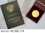 Школьный аттестат о среднем полном образовании с отличием и золотая медаль за особые успехи в учении на белом фоне. Стоковое фото, фотограф Наталья Миронова / Фотобанк Лори