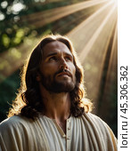 Portrait of a Man Dressed as Jesus. White robe. Long brown hair and beard. Man appears to be in his early 30s, and he has a serious expression on his face. Christian religion and faith. AI. Стоковое AI-изображение, AI-художник Юлия Петровская / Фотобанк Лори