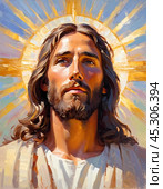 Portrait of a Man Dressed as Jesus. White robe. Long brown hair and beard. Man appears to be in his early 30s, and he has a serious expression on his face. Christian religion and faith. AI. Стоковое AI-изображение, AI-художник Юлия Петровская / Фотобанк Лори