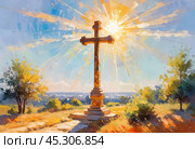 A stunning sunset illuminates a large wooden cross, radiating colorful rays of light. In the distance, a quaint chapel completes this serene rural landscape. A radiant sun shining through a cross. AI. Стоковое AI-изображение, AI-художник Юлия Петровская / Фотобанк Лори
