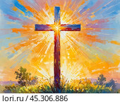 A stunning sunset illuminates a large wooden cross, radiating colorful rays of light. In the distance, a quaint chapel completes this serene rural landscape. A radiant sun shining through a cross. AI. Стоковое AI-изображение, AI-художник Юлия Петровская / Фотобанк Лори