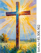 A stunning sunset illuminates a large wooden cross, radiating colorful rays of light. In the distance, a quaint chapel completes this serene rural landscape. A radiant sun shining through a cross. AI. Стоковое AI-изображение, AI-художник Юлия Петровская / Фотобанк Лори