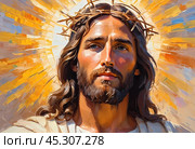 Portrait of a Man Dressed as Jesus. White robe. Long brown hair and beard. Man appears to be in his early 30s, and he has a serious expression on his face. Christian religion and faith. AI. Стоковое AI-изображение, AI-художник Юлия Петровская / Фотобанк Лори