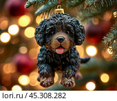 Funny Newfoundland puppy on a Christmas tree, bright Christmas tree toy. New Year's decor. Festive New Year's atmosphere. Стоковое AI-изображение, AI-художник Сергей Елизарьев / Фотобанк Лори