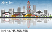 Zhengzhou Skyline with Gray Buildings, Blue Sky and Reflections. Стоковая иллюстрация, иллюстратор Игорь Сорокин / Фотобанк Лори