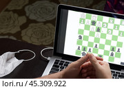 A man solves a chess problem online. Chess board with figures on a laptop screen. Leisure in self-isolation, in the twilight. International chess day. Стоковое фото, фотограф Vadzim Yakubovich / Фотобанк Лори
