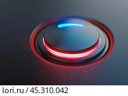 Round button glowing red and blue on a control panel. Стоковое AI-изображение, AI-художник Иван Рябоконь / Фотобанк Лори