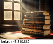 Стопка старинных книг, расположенные на столе перед окном. Стоковое AI-изображение, AI-художник Ирина Першина / Фотобанк Лори