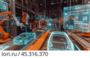 Линия сборки беспилотных автомобилей на высокотехнологичном производственном предприятии. Стоковое AI-изображение, AI-художник ФотоИнтеллект / Фотобанк Лори