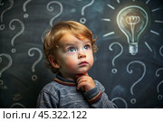 Development and education of children. A thoughtful boy on a dark background with a light bulb and question marks . Brainstorming and the concept of an idea. Стоковое AI-изображение, AI-художник Photojuli / Фотобанк Лори