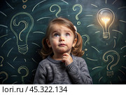 Development and education of children. A thoughtful girls on a dark background with a light bulb and question marks . Brainstorming and the concept of an idea. Стоковое AI-изображение, AI-художник Photojuli / Фотобанк Лори