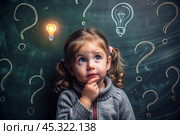 Development and education of children. A thoughtful girls on a dark background with a light bulb and question marks . Brainstorming and the concept of an idea. Стоковое AI-изображение, AI-художник Photojuli / Фотобанк Лори