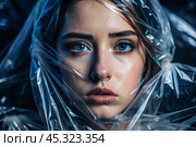 The girl is wrapped in cellophane or a bag. The girl is suffocating. Plastic pollution of the planet. Environmental hazard. Reducing the reuse of plastic. Recycling. The concept of garbage. Стоковое AI-изображение, AI-художник Photojuli / Фотобанк Лори