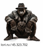Serious gorilla wearing suit and hat sitting down. Стоковое AI-изображение, AI-художник Иван Рябоконь / Фотобанк Лори