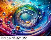 Abstract background. A bright colorful whirlpool of multicolored paints, splash, splash. Bubbles and drops of water. Стоковое AI-изображение, AI-художник Photojuli / Фотобанк Лори