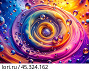 Abstract background. A bright colorful whirlpool of multicolored paints, splash, splash. Bubbles and drops of water. Стоковое AI-изображение, AI-художник Photojuli / Фотобанк Лори