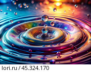 Abstract background. A bright colorful whirlpool of multicolored paints, splash, splash. Bubbles and drops of water. Стоковое AI-изображение, AI-художник Photojuli / Фотобанк Лори