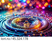 Abstract background. A bright colorful whirlpool of multicolored paints, splash, splash. Bubbles and drops of water. Стоковое AI-изображение, AI-художник Photojuli / Фотобанк Лори