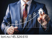 The concept of value growth in real estate, energy efficiency rating. Real estate online on virtual screens. New family housing, apartment purchase, house search, land price, real estate tax. Стоковое AI-изображение, AI-художник Photojuli / Фотобанк Лори