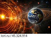 An image of a magnetic storm, a solar flare covering the earth, the sun, the globe. Feeling unwell. Solar radiation. Стоковое AI-изображение, AI-художник Photojuli / Фотобанк Лори