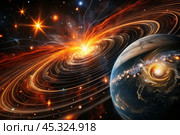 An image of a magnetic storm, a solar flare covering the earth, the sun, the globe. Feeling unwell. Solar radiation. Стоковое AI-изображение, AI-художник Photojuli / Фотобанк Лори