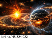 An image of a magnetic storm, a solar flare covering the earth, the sun, the globe. Feeling unwell. Solar radiation. Стоковое AI-изображение, AI-художник Photojuli / Фотобанк Лори