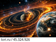 An image of a magnetic storm, a solar flare covering the earth, the sun, the globe. Feeling unwell. Solar radiation. Стоковое AI-изображение, AI-художник Photojuli / Фотобанк Лори