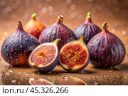 There are a lot of figs with a delicate purple skin and in the cut. A frame showing the natural texture and color. Close-up of fruits. Стоковое AI-изображение, AI-художник Photojuli / Фотобанк Лори
