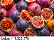 There are a lot of figs with a delicate purple skin and in the cut. A frame showing the natural texture and color. Close-up of fruits. Стоковое AI-изображение, AI-художник Photojuli / Фотобанк Лори
