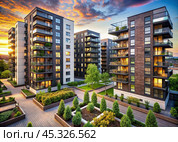 Modern high-rise residential buildings. Construction of new residential areas. New buildings. The construction business. Mortgage for new eco-friendly housing. Стоковое AI-изображение, AI-художник Photojuli / Фотобанк Лори