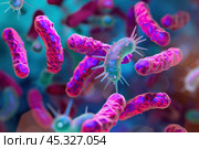 Microscopic view of bacteria cells floating in a body. Стоковое AI-изображение, AI-художник Иван Рябоконь / Фотобанк Лори