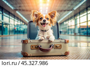A stylish puppy on a journey, a charming funny dog sitting in an open suitcase. The concept of summer holidays and travel with animals. Стоковое AI-изображение, AI-художник Photojuli / Фотобанк Лори