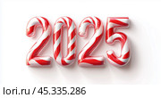На изображении изображены цифры "2025", выполненные в стиле новогоднего леденца на палочке. Яркие красные и белые полосы придают изображению праздничное и радостное настроение, символизируя радость и веселье Нового года. Стоковое AI-изображение, AI-художник Анна Чижова / Фотобанк Лори