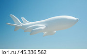 A large, white model of an airplane soaring through a clear blue sky on a sunny day, highlighting its sleek design and aerodynamics. Стоковое AI-изображение, AI-художник Сергей Толмачёв / Фотобанк Лори